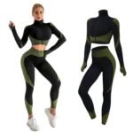 Ensemble de sport extensible pour femme 2 Pcs - Noir,Vert