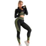 ⁦Ensemble de sport extensible pour femme 2 Pcs - Noir,Vert⁩ - الصورة ⁦3⁩