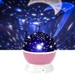 Projecteur LED rotatif produisant l'image d'un ciel étoilé, idéal pour la chambre d'un enfant