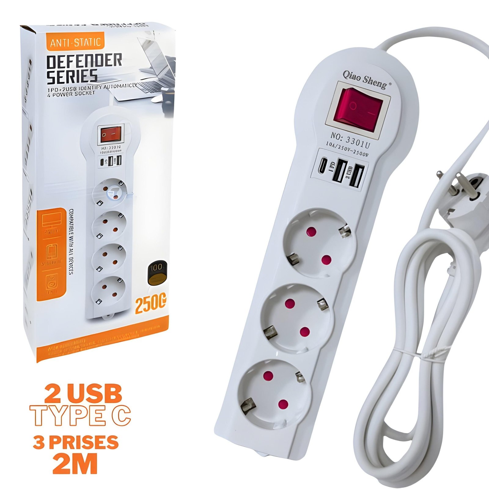 prise-typc-scaled-1.jpeg Multiprise 3 prises et Type C avec 2 USB 2 m Blanc 3301U - الصورة 1