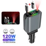 Chargeur Voiture 4en1 Rétractable 120W avec toit Starlight pour téléphones iOS et Android- شاحن سيارة متعدد المنافذ