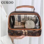 Trousse de toilette transparente double couche pour femmes, sac cosmétique étanche de grande capacité