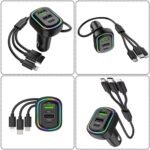 ⁦Chargeur de voiture à 3 ports avec câble de charge 3 en 1 intégré (Lightning/Type-C/Micro USB) - شاحن سيارة⁩ - الصورة ⁦4⁩