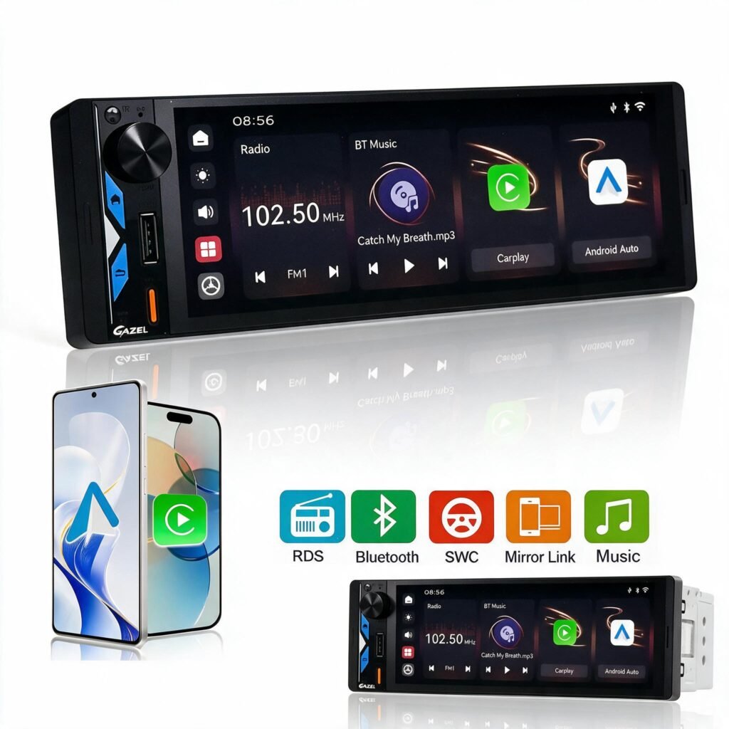 Gazel Autoradio 1Din Écran Tactile 5" IPS - Apple CarPlay et Android Auto Sans Fil Charge Rapide Type-C - راديو سيارة ذكي بشاشة لمس 5 بوصة تدعم و لاسلكيًا