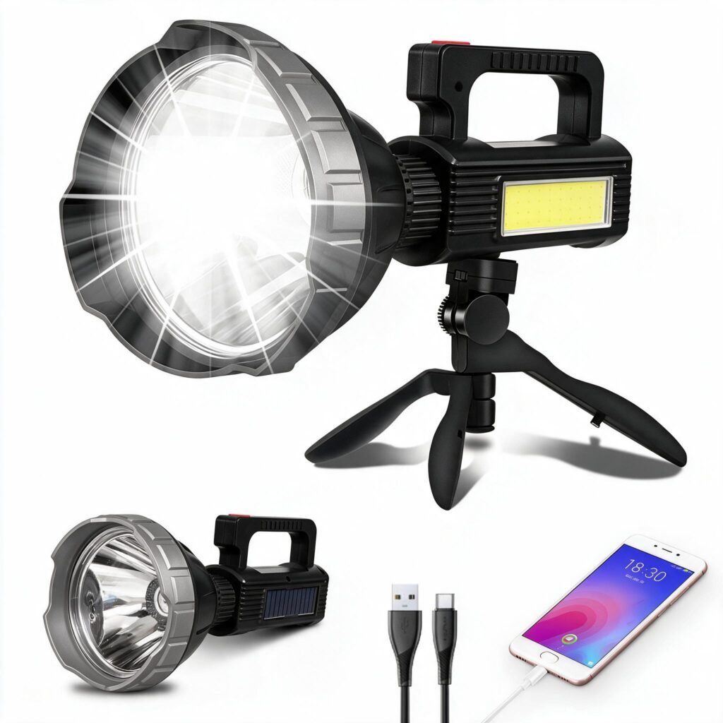 Projecteur LED Rechargeable Multifonction MM-7788 Panneau Solaire, Powerbank et Trépied - مصباح كشاف يدوي متعدد الوظائف مع شحن بالطاقة الشمسية وبنك طاقة