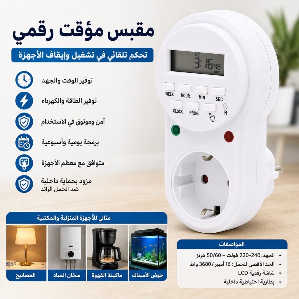 Prise Programmable Digitale pour Minuterie Électronique Écran LCD 16A 3680W - مقبس مؤقت رقمي ذكي للتحكم التلقائي بالأجهزة
