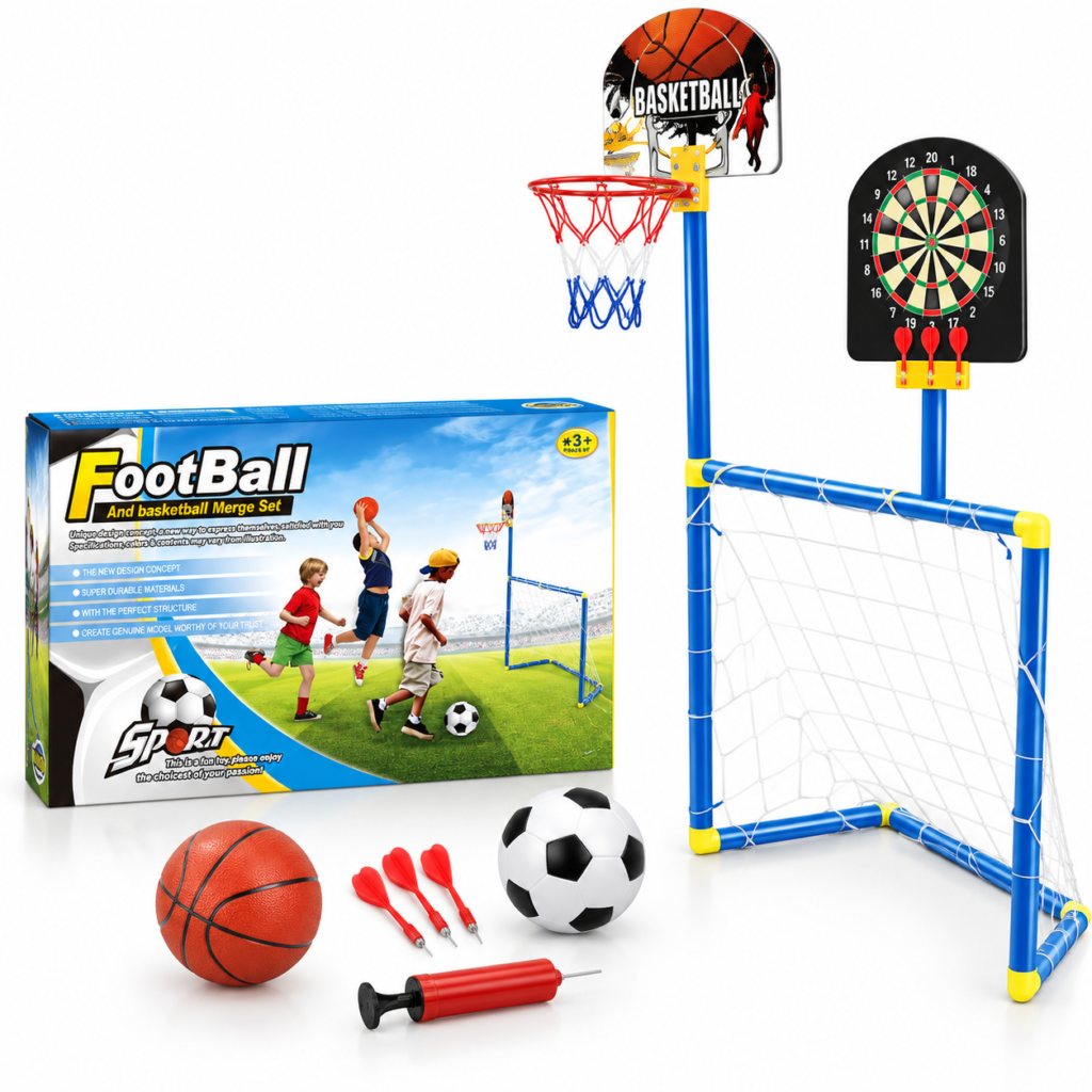 Kit de Jeux 3 en 1 Football, Basketball et Fléchettes - مجموعة ألعاب رياضية 3 في 1 (كرة قدم، سلة، ورمي السهام)