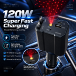 Chargeur 120W 5 en 1 avec Câbles Rétractables Ports USB,Type-C et Veilleuse Ciel Étoilé - شاحن سيارة سريع 120 واط متعدد المنافذ مع إضاءة سقف نجوم